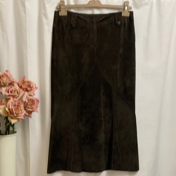 Chocolate Brown Suede Leather Maxi Skirt Vintage Quiet Luxury Euro Designer - Picture 5 of 12